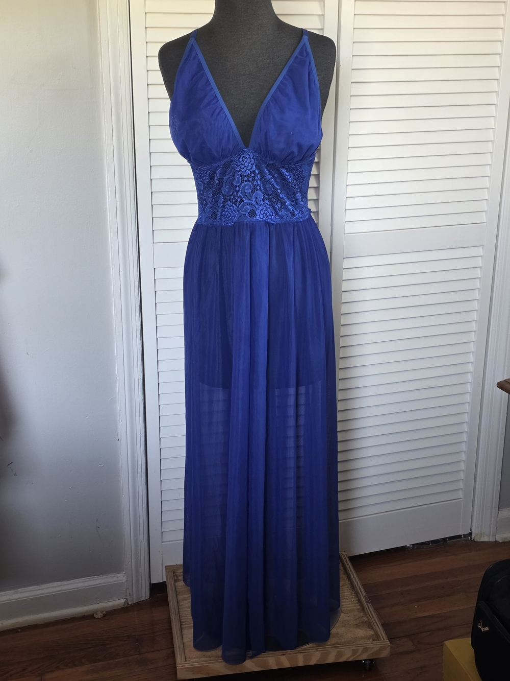 Avidlove Cobalt Blue Lace Mesh Maxi Slip Dress Gown Lingerie Slit XL